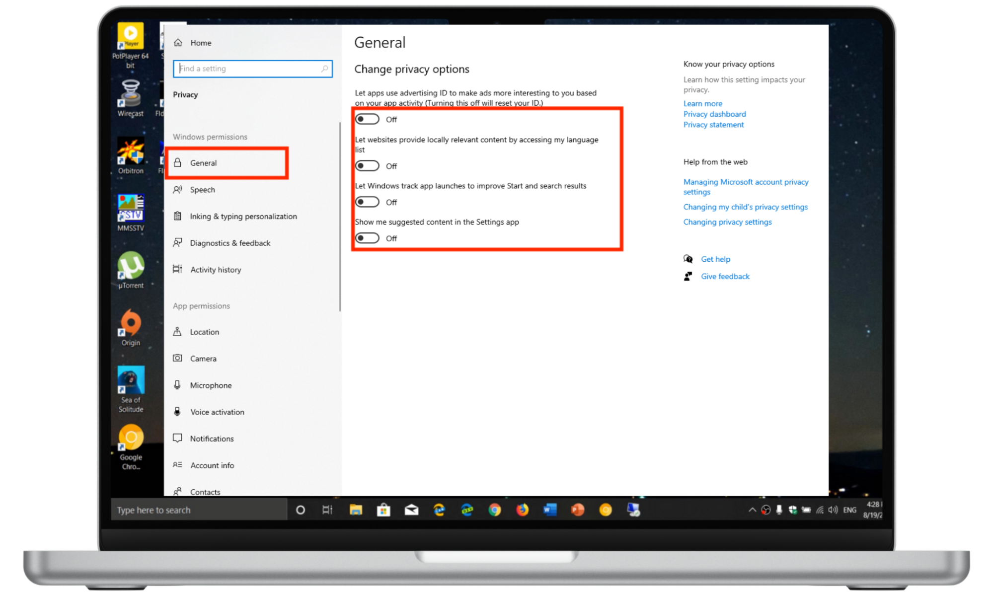 A Windows device depicting how to turn off ad tracking on Windows 10. A Windows device depicting how to turn off ad tracking on Windows 10.