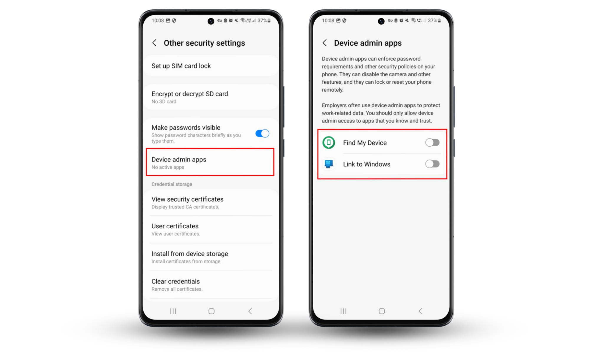 Screenshots showing how to access Device admin apps to find mSpy on Android. Screenshots showing how to access Device admin apps to find mSpy on Android.