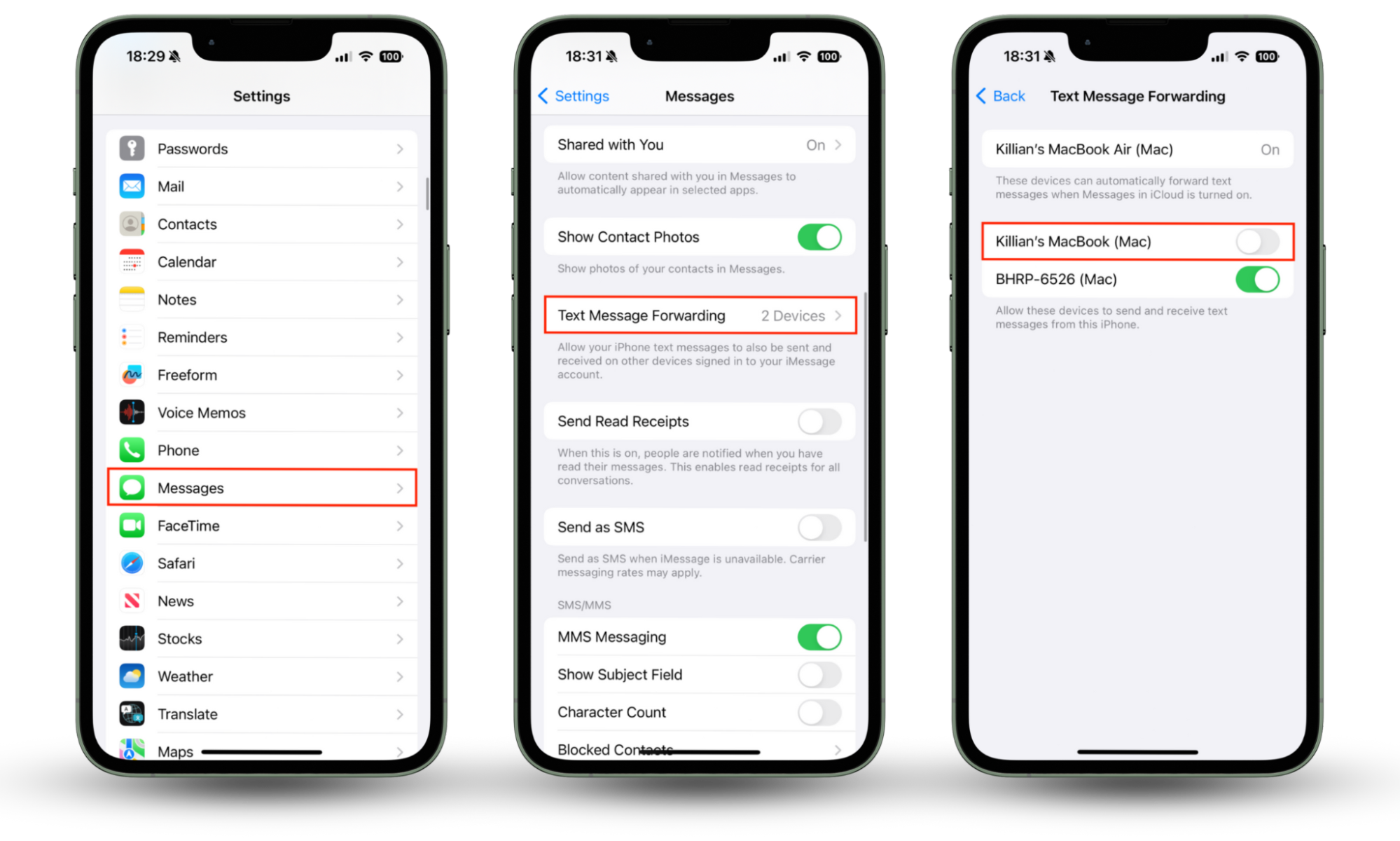 The Text Message Fowarding menu in Settings > Messages on iPhone. To get rid of message forwarding and stop hackers from intercepting your texts, toggle other devices to disable them. The Text Message Fowarding menu in Settings > Messages on iPhone. To get rid of message forwarding and stop hackers from intercepting your texts, toggle other devices to disable them.