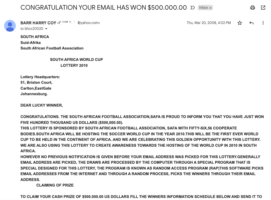 Lottery scam email. Lottery scam email.