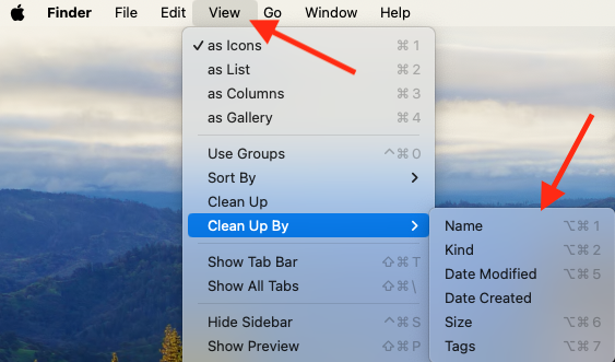 Finder in macOS shows the View menu. Under Clean Up By, select your sorting preference to tidy a messy folder. Finder in macOS shows the View menu. Under Clean Up By, select your sorting preference to tidy a messy folder.