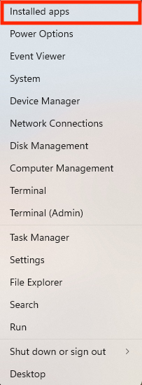 Windows shows the menu after right-clicking the Windows icon in the task bar. Click Installed apps to see all installed programs. Windows shows the menu after right-clicking the Windows icon in the task bar. Click Installed apps to see all installed programs.