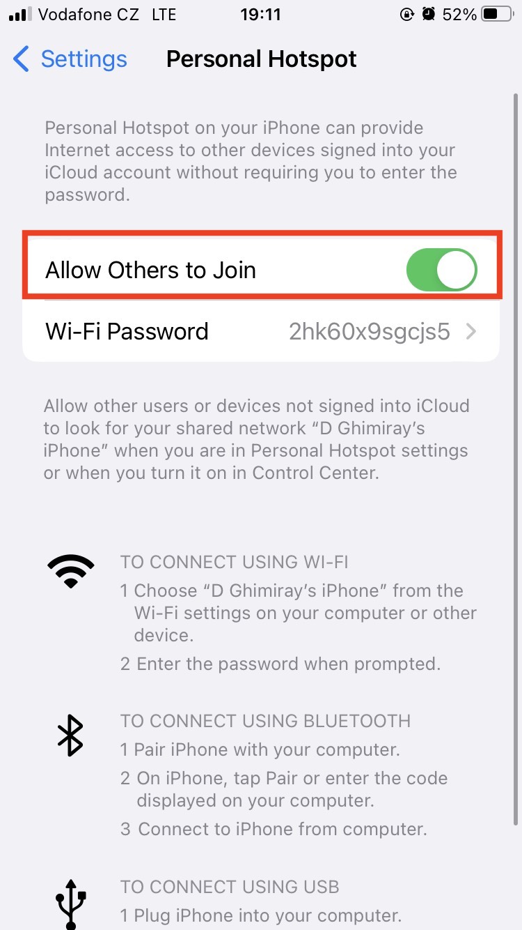 Personal hotspot settings on iOS Personal hotspot settings on iOS