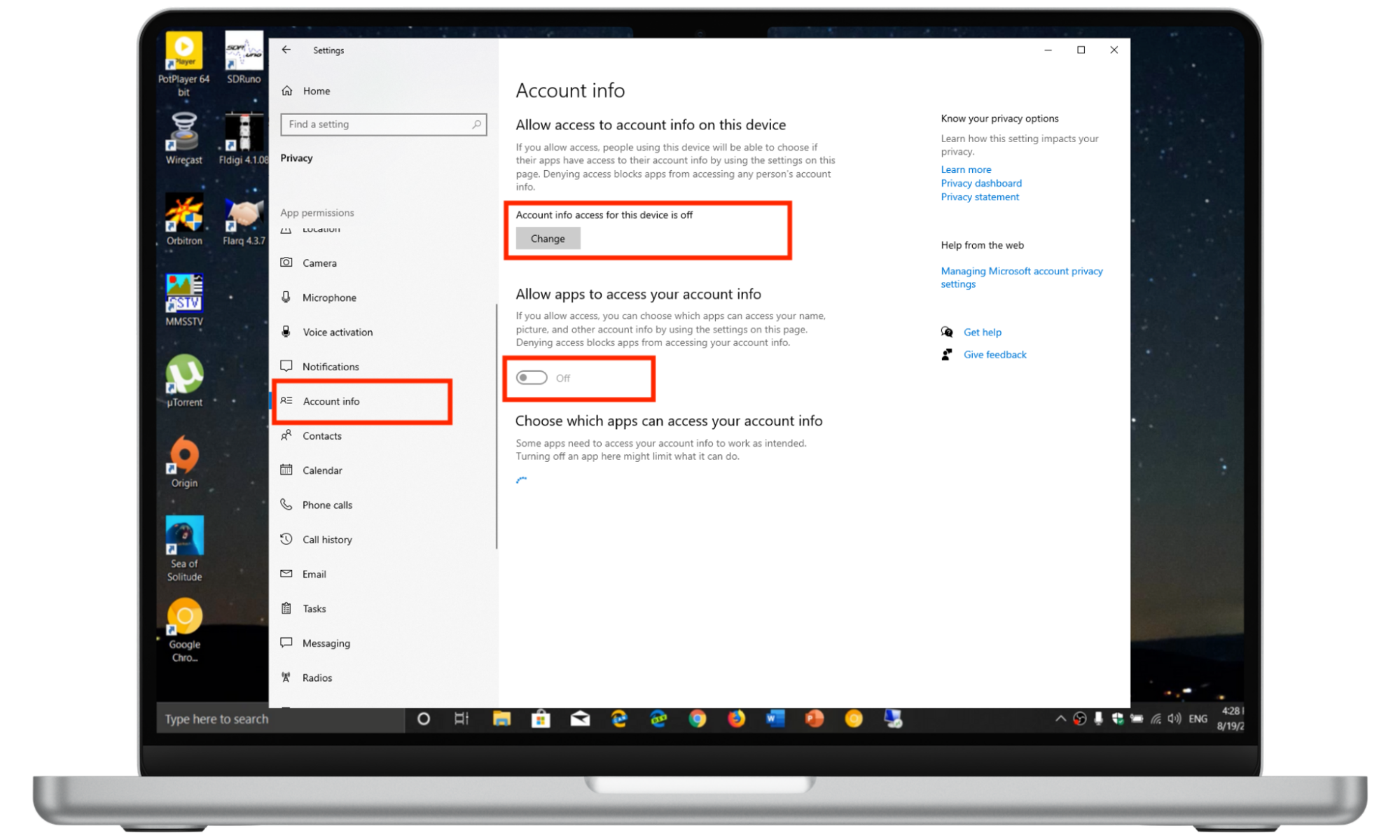 Turn off account info access for your device in Windows 10. Turn off account info access for your device in Windows 10.