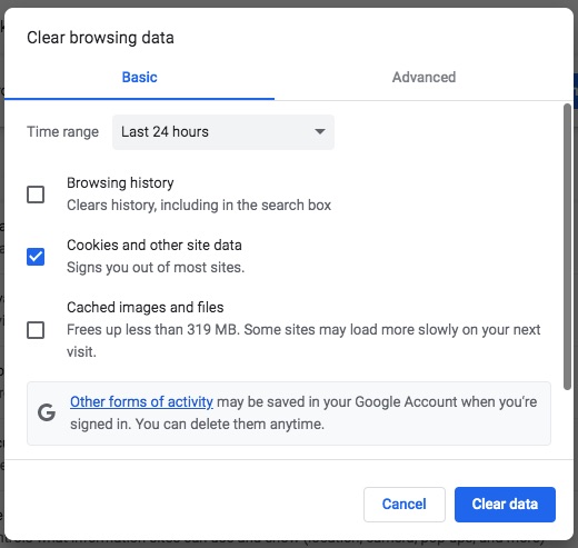 Chrome's Clear browsing data options Chrome's Clear browsing data options