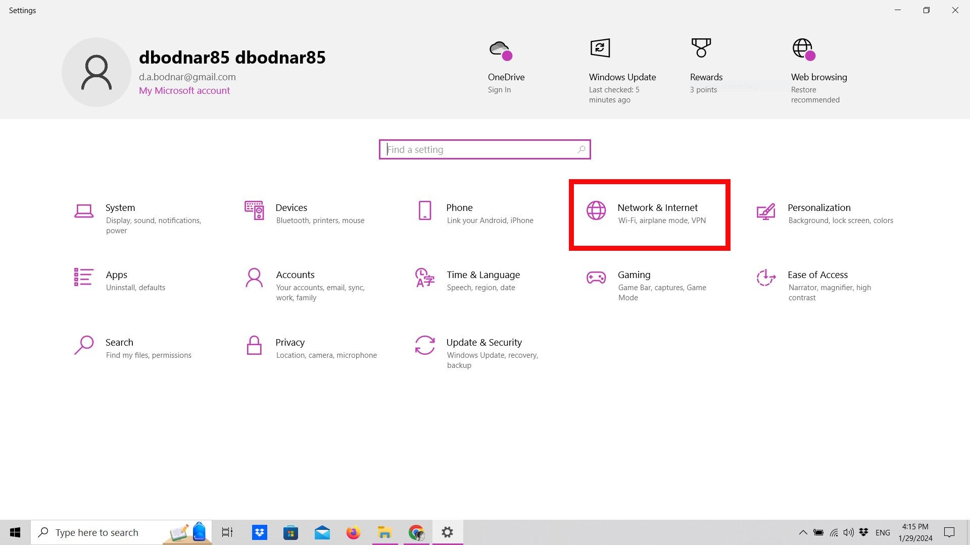 Settings menu in Windows 10 with Network & Internet highlighted Settings menu in Windows 10 with Network & Internet highlighted