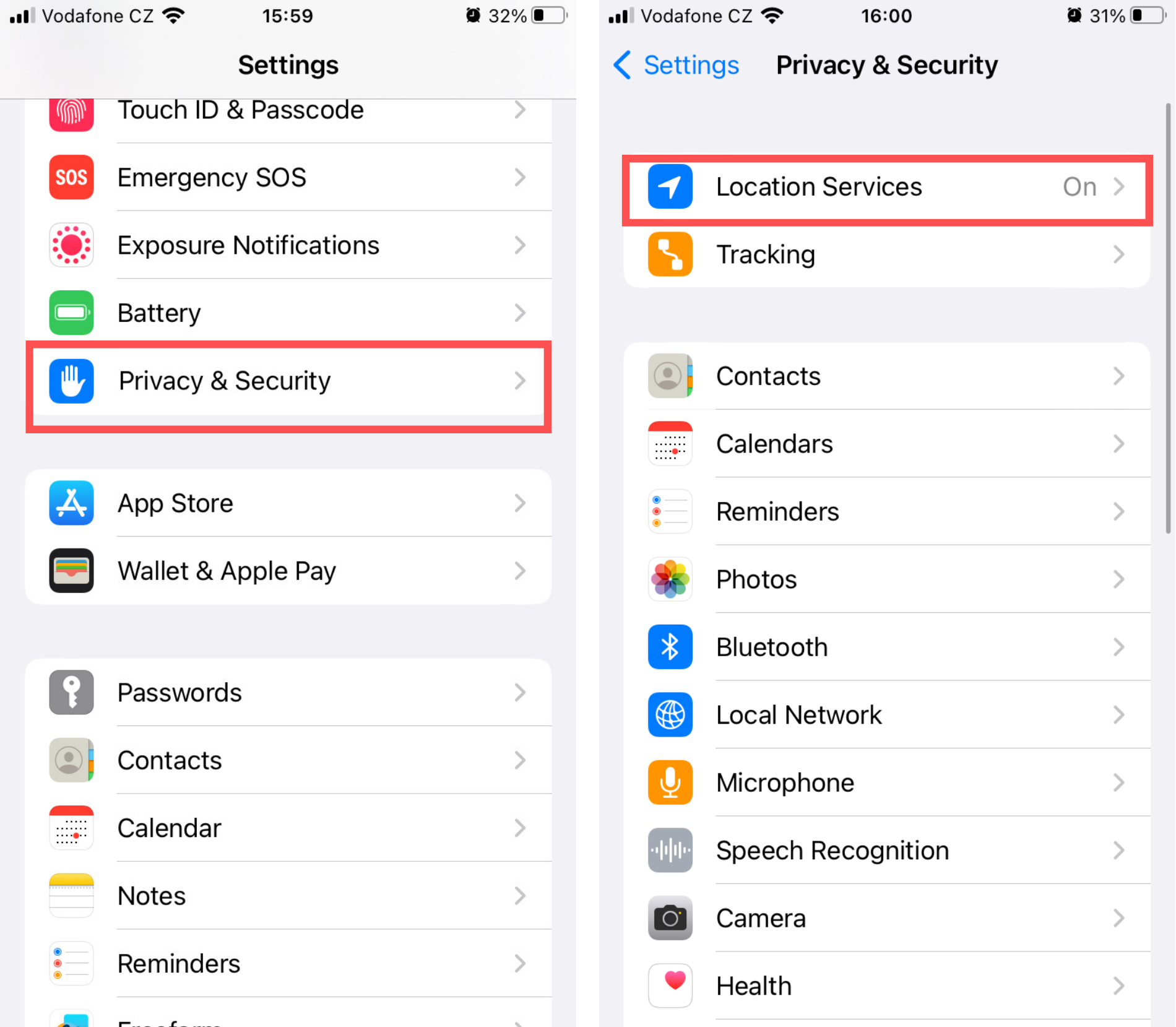 iOS settings menu under Privacy & Security Tab, with the Location Services tab highlighted. iOS settings menu under Privacy & Security Tab, with the Location Services tab highlighted.