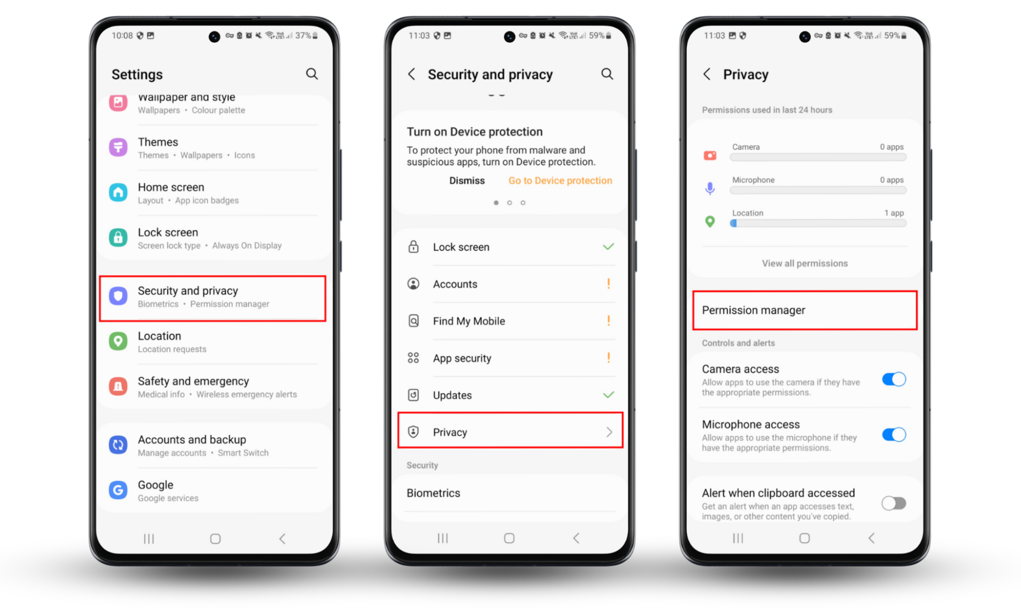 Android screenshots showing how to access the Permission manager to find out why the location icon comes on randomly. Android screenshots showing how to access the Permission manager to find out why the location icon comes on randomly.