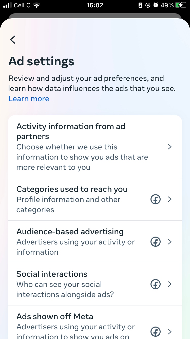 The Facebook Ad settings page is open on the mobile app for the user to review. The Facebook Ad settings page is open on the mobile app for the user to review.