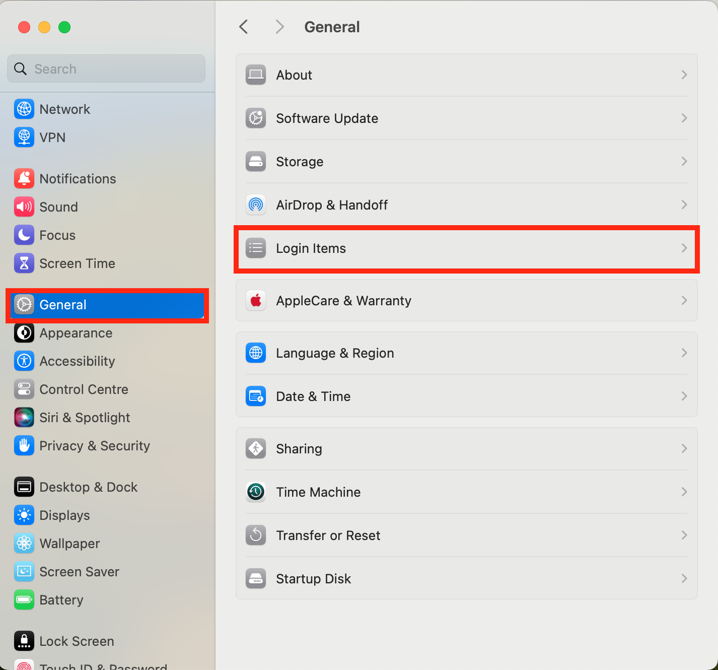 A screenshot of System Settings showing where to find Login Items and remove malware from Mac. A screenshot of System Settings showing where to find Login Items and remove malware from Mac.