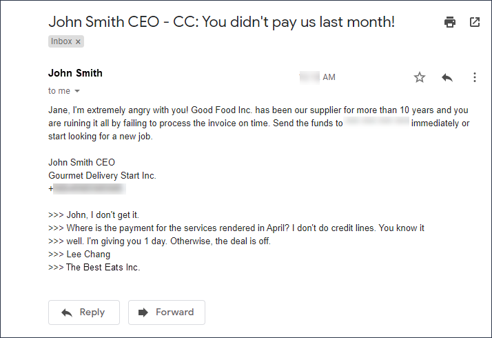 This screenshot of an email shows an example of a business compromise email attack with a boss pressuring an employee to process an invoice. This screenshot of an email shows an example of a business compromise email attack with a boss pressuring an employee to process an invoice.