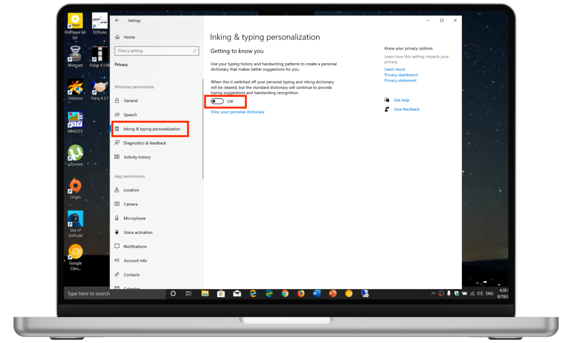 Disable Inking & typing personalization in Windows 10. Disable Inking & typing personalization in Windows 10.