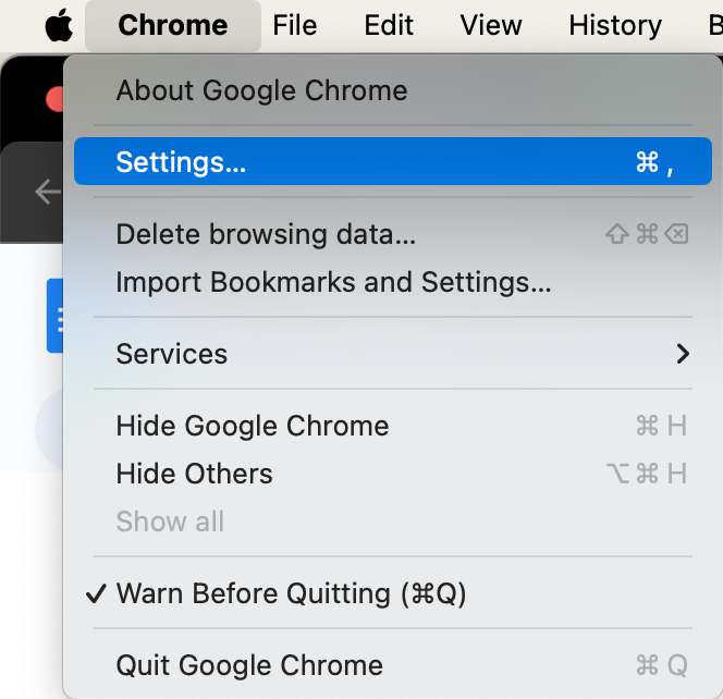 A screenshot of Google Chrome's drop-down menu showing how to select Settings and remove malware from Mac. A screenshot of Google Chrome's drop-down menu showing how to select Settings and remove malware from Mac.