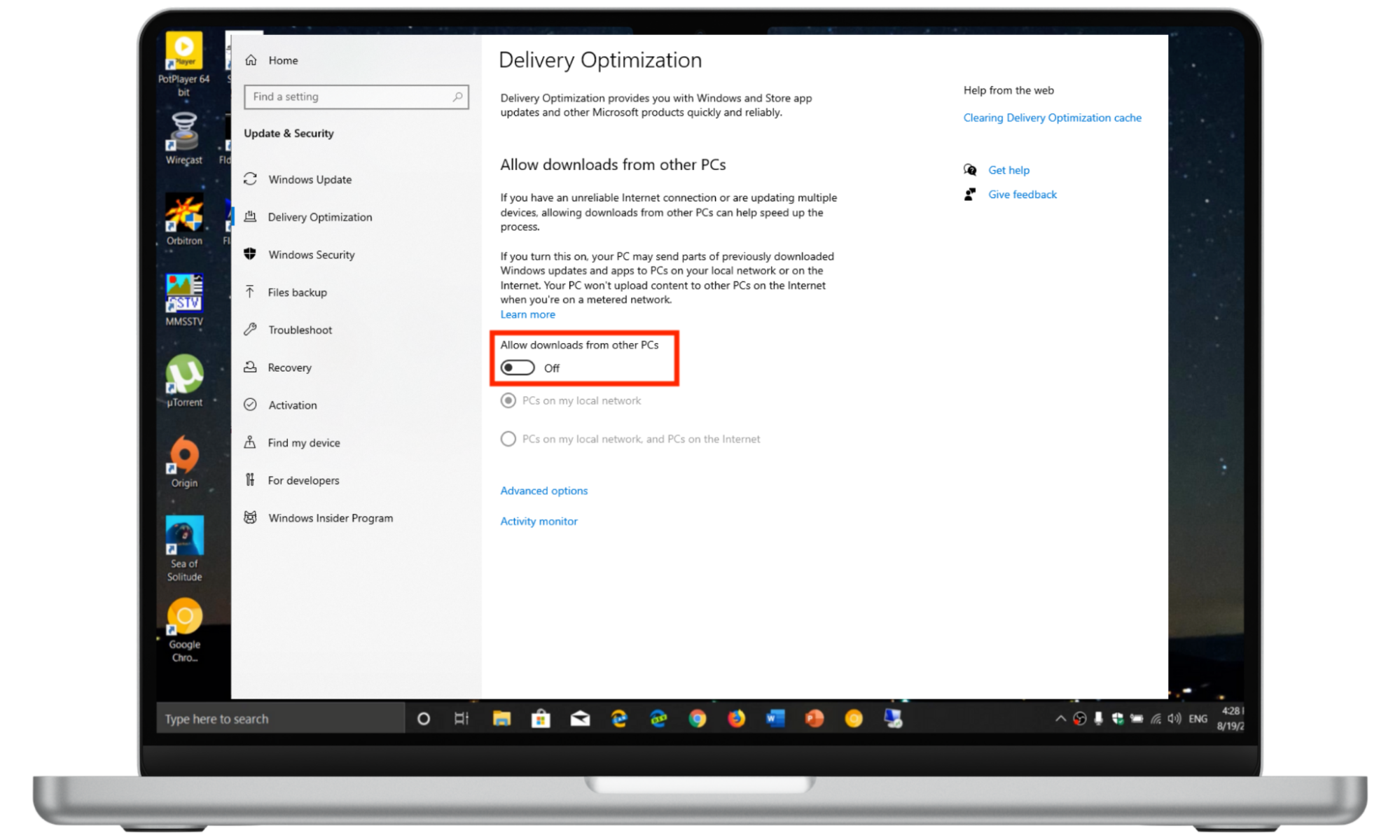Instructions on how to turn off update sharing on a Windows device. Instructions on how to turn off update sharing on a Windows device.