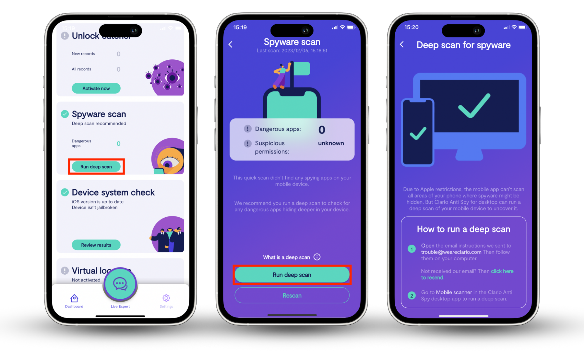 Screenshots showing the instructions from the Clario Anti Spy app on running a deep spyware scan. Screenshots showing the instructions from the Clario Anti Spy app on running a deep spyware scan.