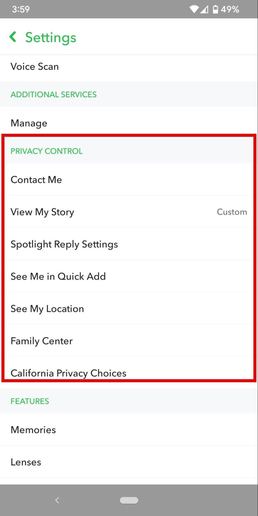 Screenshot of Snapchat mobile app settings to show where to access privacy control settings Screenshot of Snapchat mobile app settings to show where to access privacy control settings