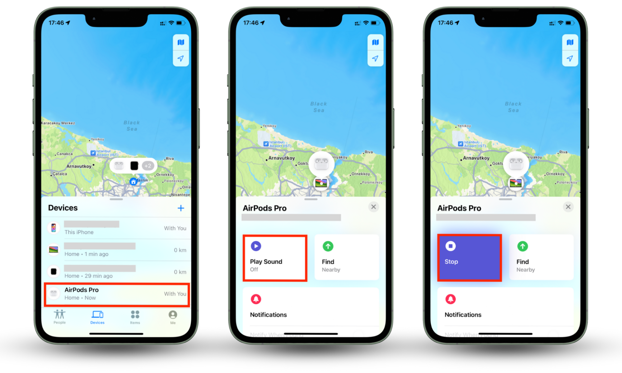 iPhone screenshots showing how to find a tracking device by playing a sound on it. iPhone screenshots showing how to find a tracking device by playing a sound on it.