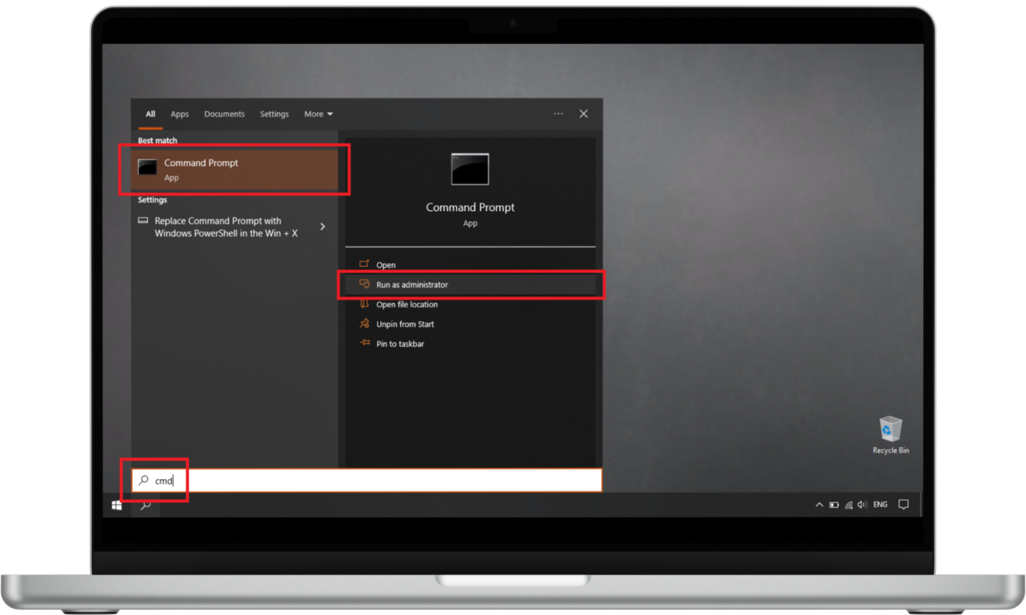 Scan your PC with CHKDSK. To run a CHKDSK scan on Windows, type Command Prompt or cmd in the search bar, and then click Run as administrator. Scan your PC with CHKDSK. To run a CHKDSK scan on Windows, type Command Prompt or cmd in the search bar, and then click Run as administrator.