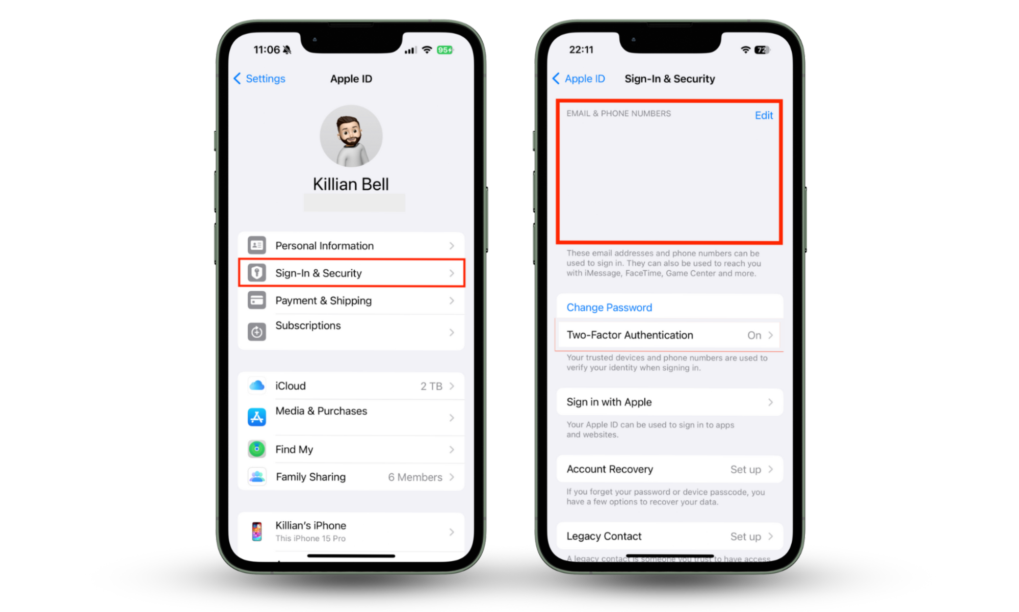 Side-by-side images showing iPhone’s Sign-In & Security page. Users can check this page when they learn that people can hack iPhones. Side-by-side images showing iPhone’s Sign-In & Security page. Users can check this page when they learn that people can hack iPhones.