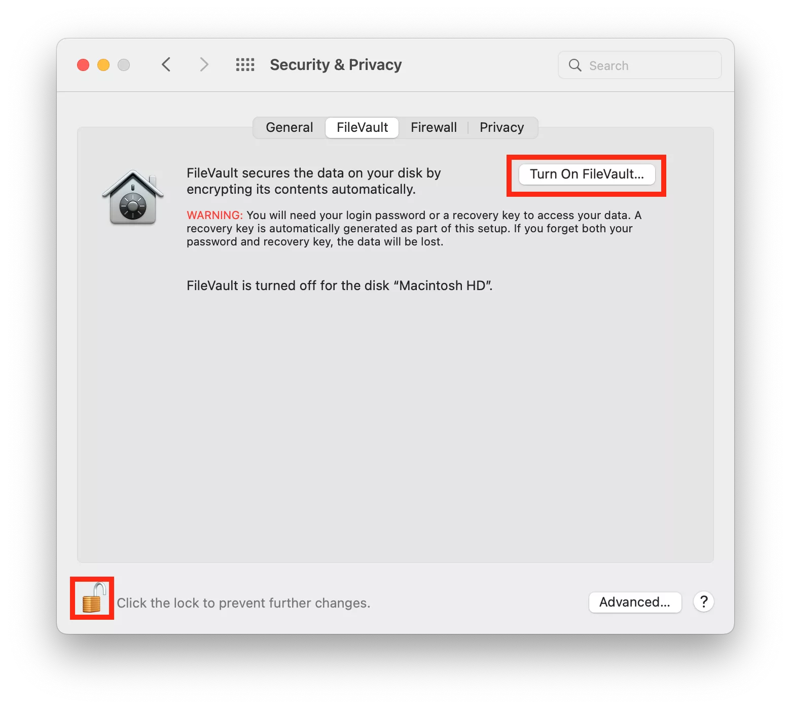 The Security & Privacy menu on Mac showing the option to enable FileVault. Click Turn on FileVault to continue.