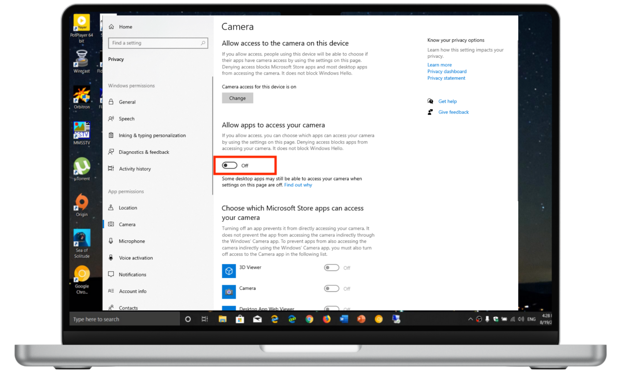 Settings app on a Windows device with camera settings open Settings app on a Windows device with camera settings open
