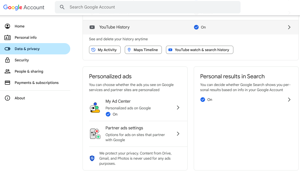 The Data & Privacy tab in Google accounts, reviewing a host of settings on macOS. The Data & Privacy tab in Google accounts, reviewing a host of settings on macOS.