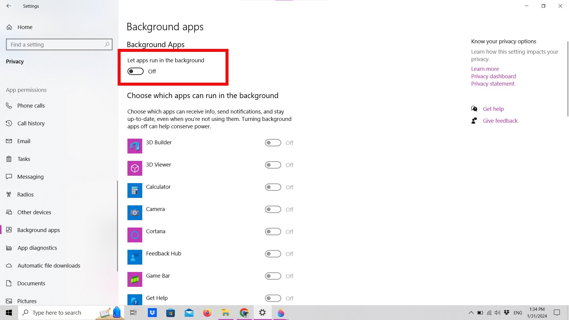 Background apps settings in Windows 10 Background apps settings in Windows 10
