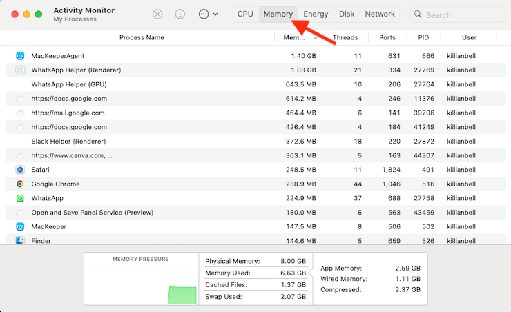 The Activity Monitor in macOS shows all running programs. Click the Memory tab to see processes by RAM usage. The Activity Monitor in macOS shows all running programs. Click the Memory tab to see processes by RAM usage.