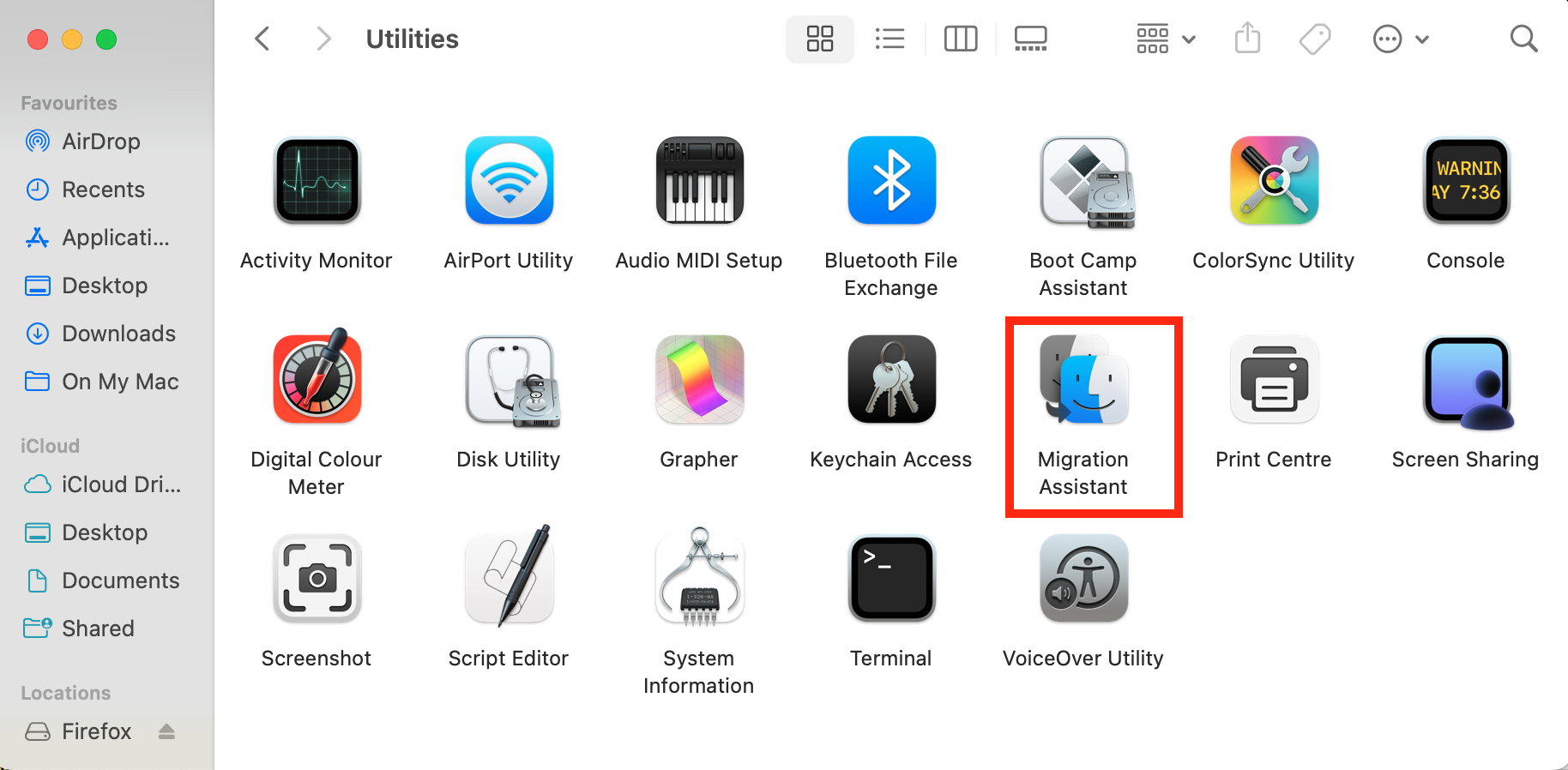 A screenshot of Mac's Utilities window showing how to select Migration Assistant and remove malware from Mac. A screenshot of Mac's Utilities window showing how to select Migration Assistant and remove malware from Mac.