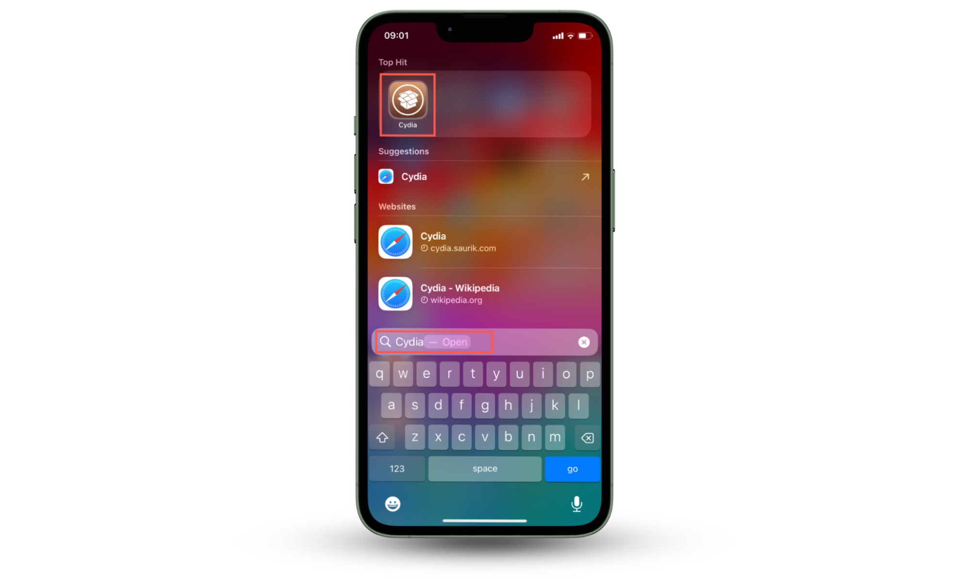 Screenshot showing how to unhide Cydia on iPhone by searching for the app using Spotlight search. Cydia appears in the results as you type its name. Screenshot showing how to unhide Cydia on iPhone by searching for the app using Spotlight search. Cydia appears in the results as you type its name.
