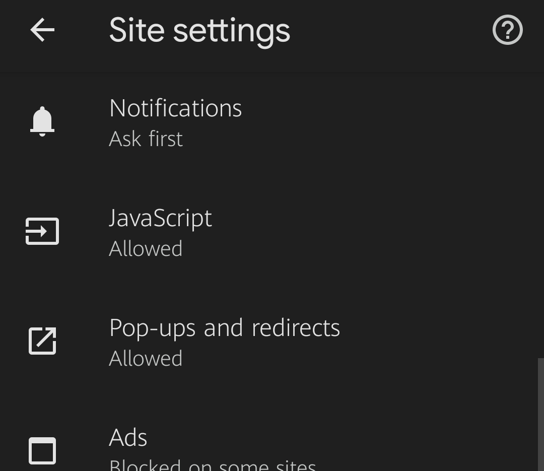 Chrome settings Site Settings tab on Android Chrome settings Site Settings tab on Android