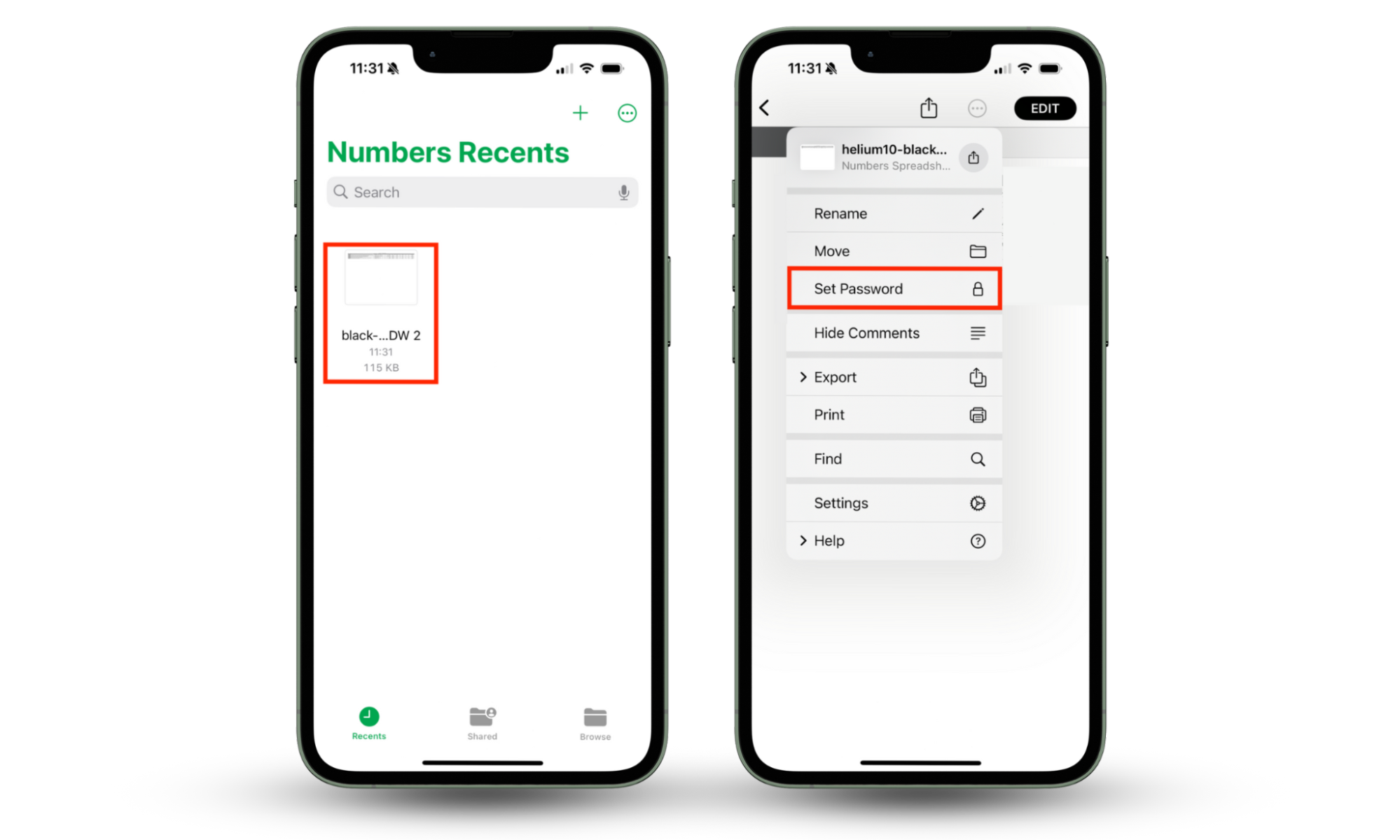 iPhone screenshots showing how to set passwords to documents in the Numbers app and lock a folder on iPhone. iPhone screenshots showing how to set passwords to documents in the Numbers app and lock a folder on iPhone.
