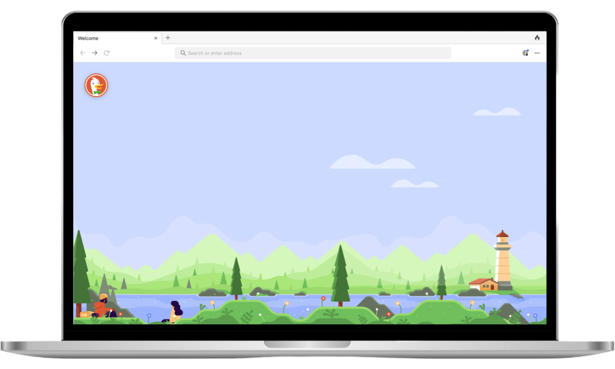 The DuckDuckGo app is opened on a Mac device. The home page is shown, along with a colorful desktop theme directly below the search bar. The DuckDuckGo app is opened on a Mac device. The home page is shown, along with a colorful desktop theme directly below the search bar.