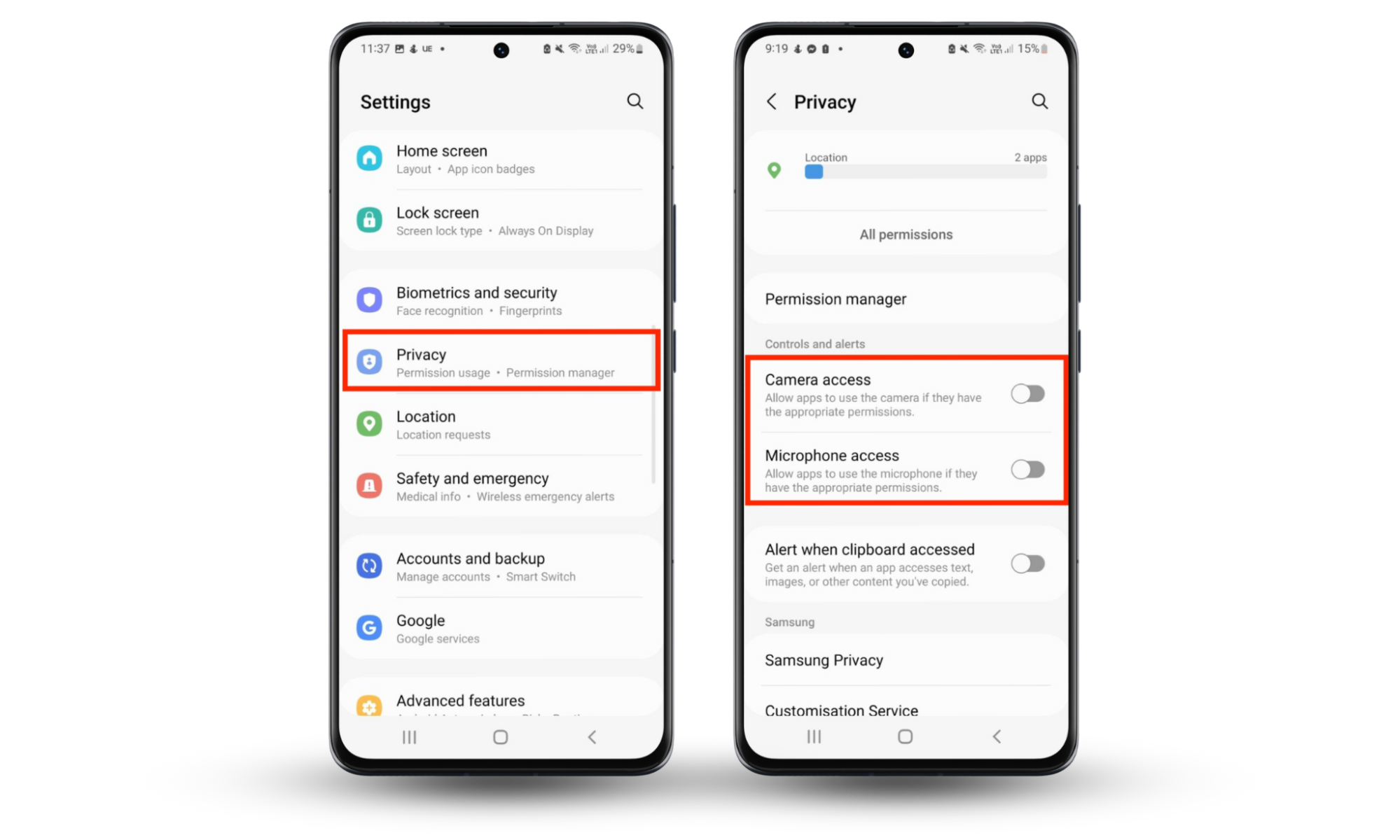 An Android screen showing how to toggle off Camera and Microphone access. An Android screen showing how to toggle off Camera and Microphone access.