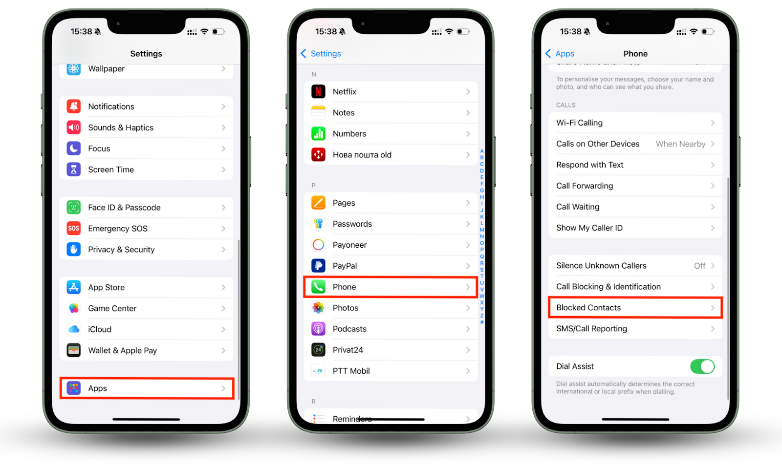 iPhone's Settings app shows how to Check the list of blocked contacts if your iPhone Won’t Make Calls but Will Text. Settings > Phone > Blocked Contacts. iPhone's Settings app shows how to Check the list of blocked contacts if your iPhone Won’t Make Calls but Will Text. Settings > Phone > Blocked Contacts.