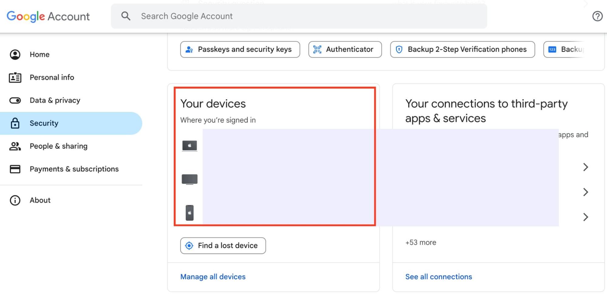 Various Security settings options appear on a user’s Google account page. Check devices that have access to mail for hacking under Your devices. Various Security settings options appear on a user’s Google account page. Check devices that have access to mail for hacking under Your devices.