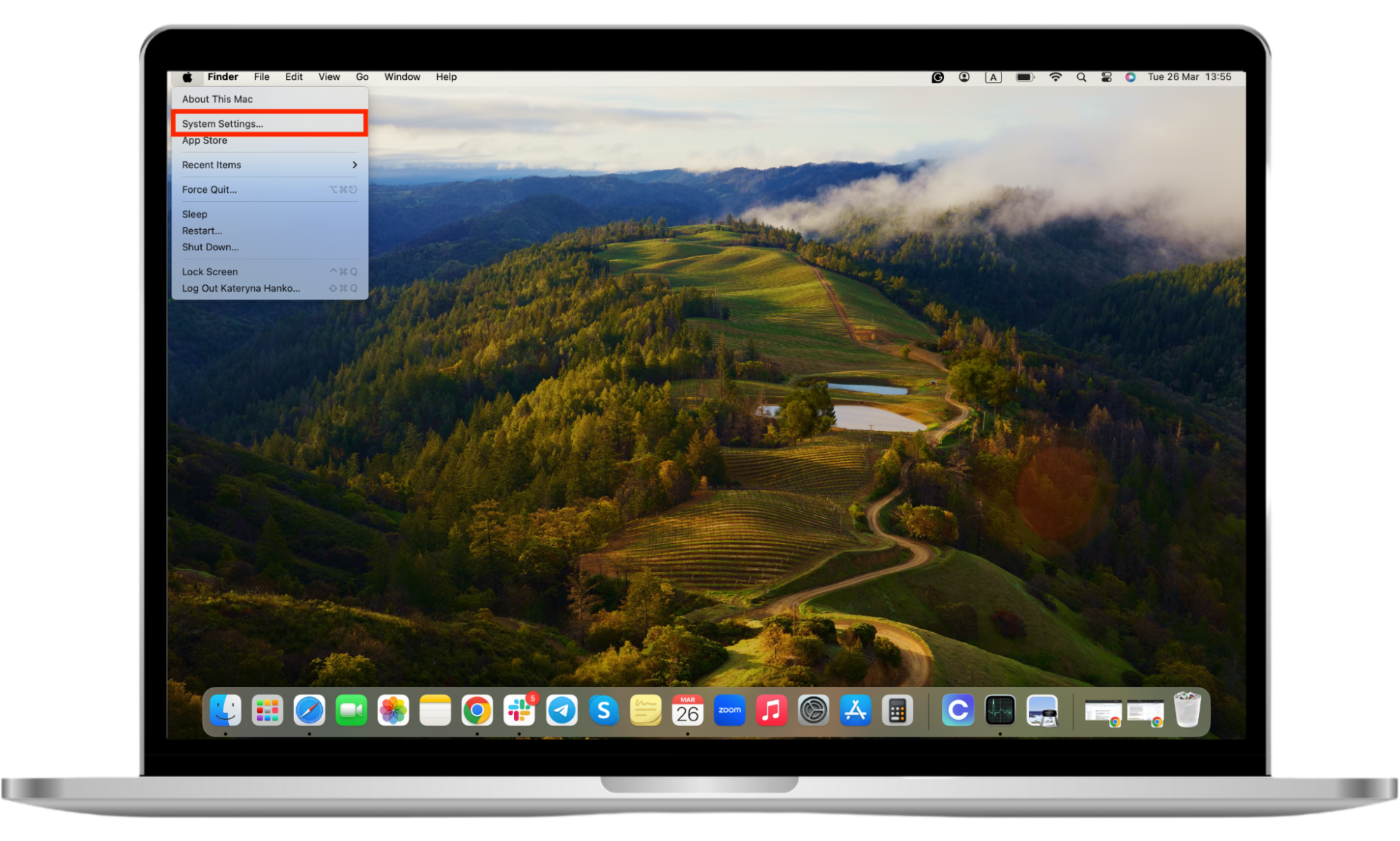 A Mac display with the Apple Menu, and the System Settings from the drop-down menu, both highlighted with red rectangles around them. Learn how you can tell if an ex is spying on your MacBook. A Mac display with the Apple Menu, and the System Settings from the drop-down menu, both highlighted with red rectangles around them. Learn how you can tell if an ex is spying on your MacBook.