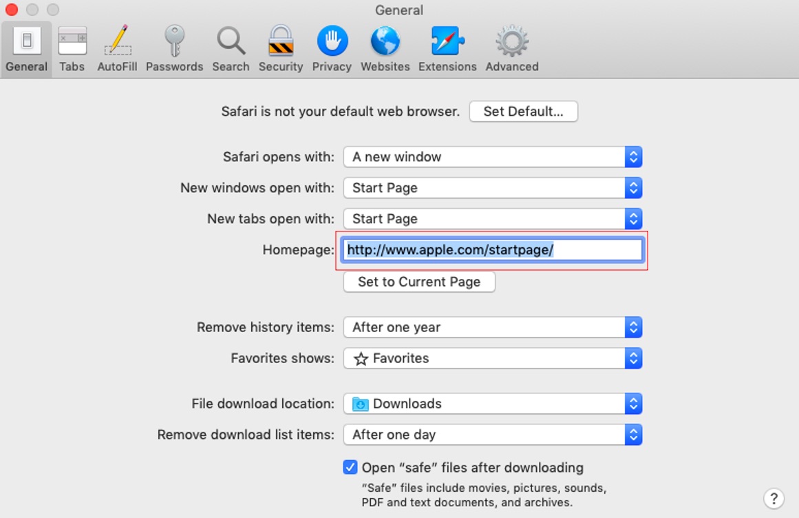 Add your preferred startup page to the Homepage field Add your preferred startup page to the Homepage field
