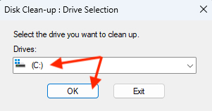 Disk Clean-up in Windows shows the drive picker. Select your startup drive, then click OK to proceed. Disk Clean-up in Windows shows the drive picker. Select your startup drive, then click OK to proceed.