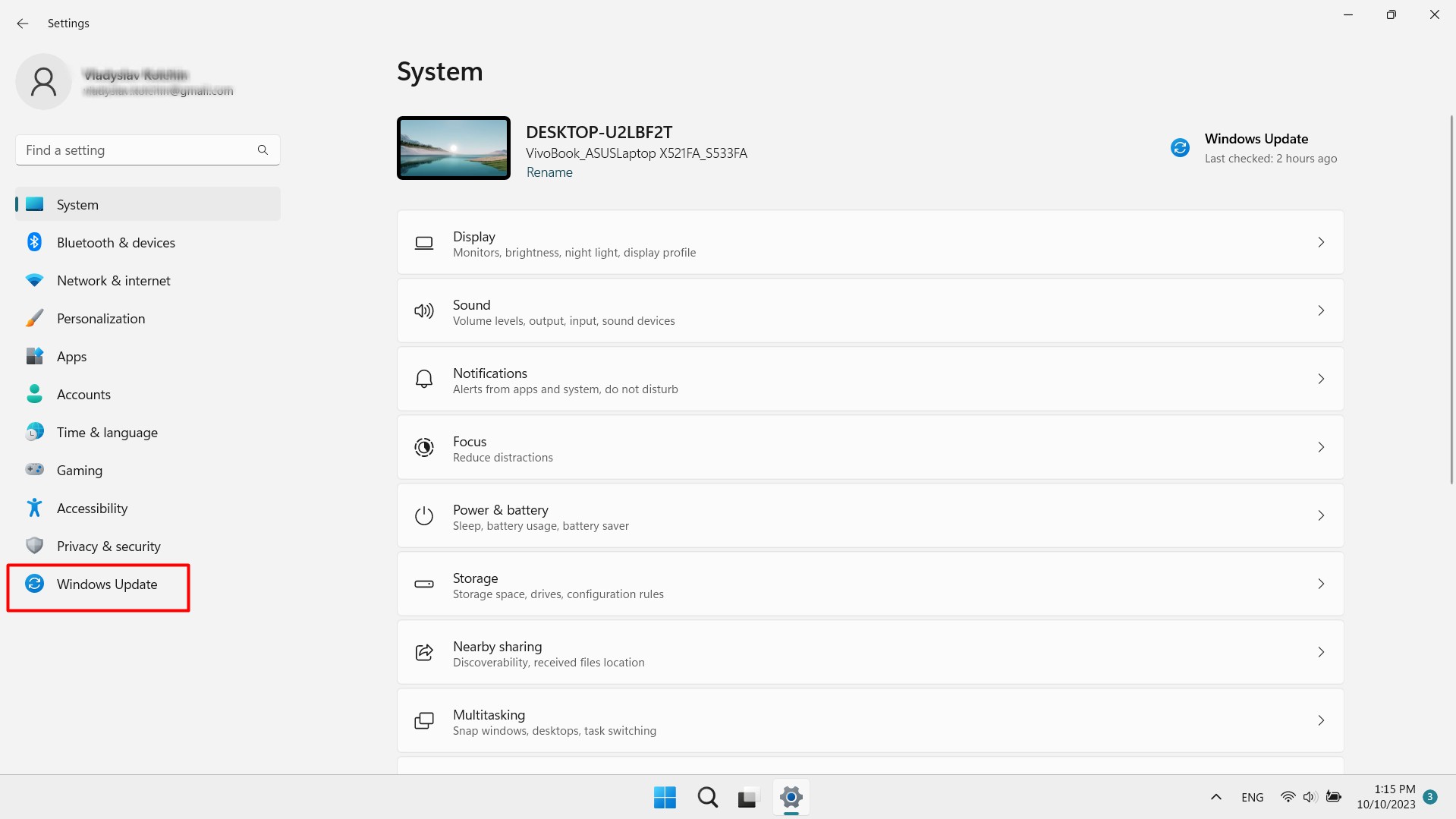 Selecting Windows Update in Settings. Selecting Windows Update in Settings.