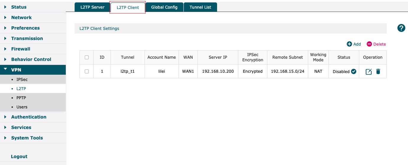 Select L2TP Client Select L2TP Client