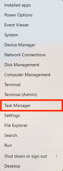 Windows shows the menu after right-clicking the Windows icon in the task bar. Click Task Manager to open the program. Windows shows the menu after right-clicking the Windows icon in the task bar. Click Task Manager to open the program.
