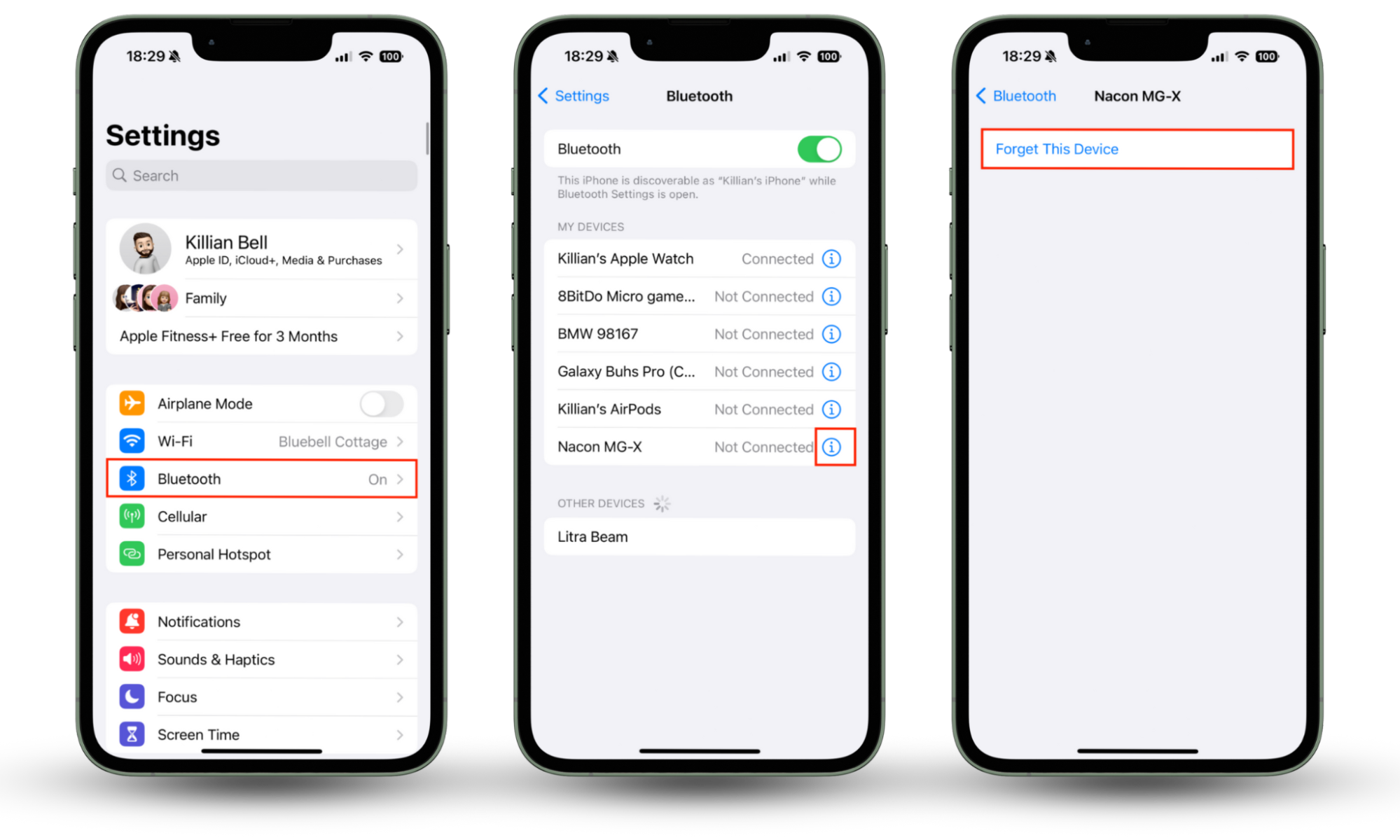 The Bluetooth menu in Settings on iPhone. To delete an unrecognized Bluetooth device that could be hacked, press the i icon next to the device, then select Forget This Device. The Bluetooth menu in Settings on iPhone. To delete an unrecognized Bluetooth device that could be hacked, press the i icon next to the device, then select Forget This Device.