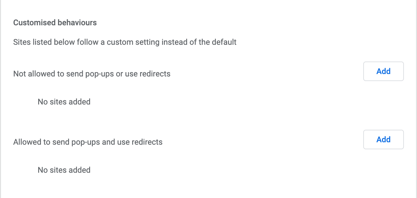 Pop-ups and redirects > Customised behaviors Pop-ups and redirects > Customised behaviors