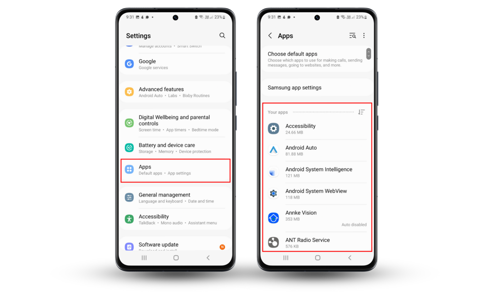 Screenshots of an Android phone showing how to select Apps and scan the Apps list for malware. Screenshots of an Android phone showing how to select Apps and scan the Apps list for malware.