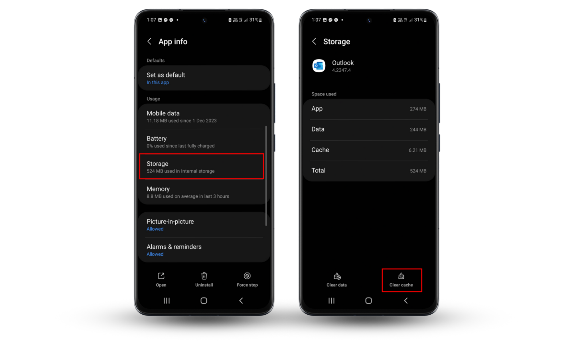 Screenshots of an Android device showing how to navigate to Storage settings and clear the cache of the Outlook app. Screenshots of an Android device showing how to navigate to Storage settings and clear the cache of the Outlook app.