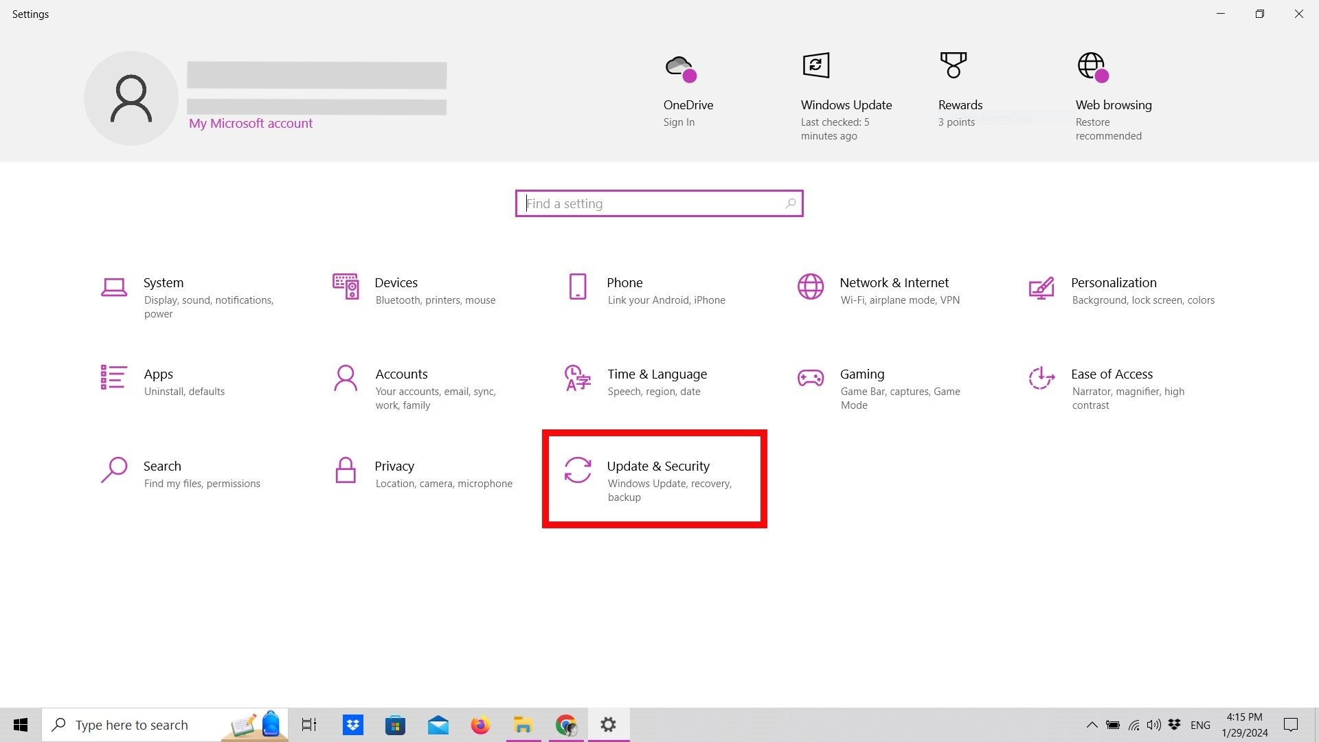 Settings menu in Windows 10 with Updates & Security highlighted Settings menu in Windows 10 with Updates & Security highlighted