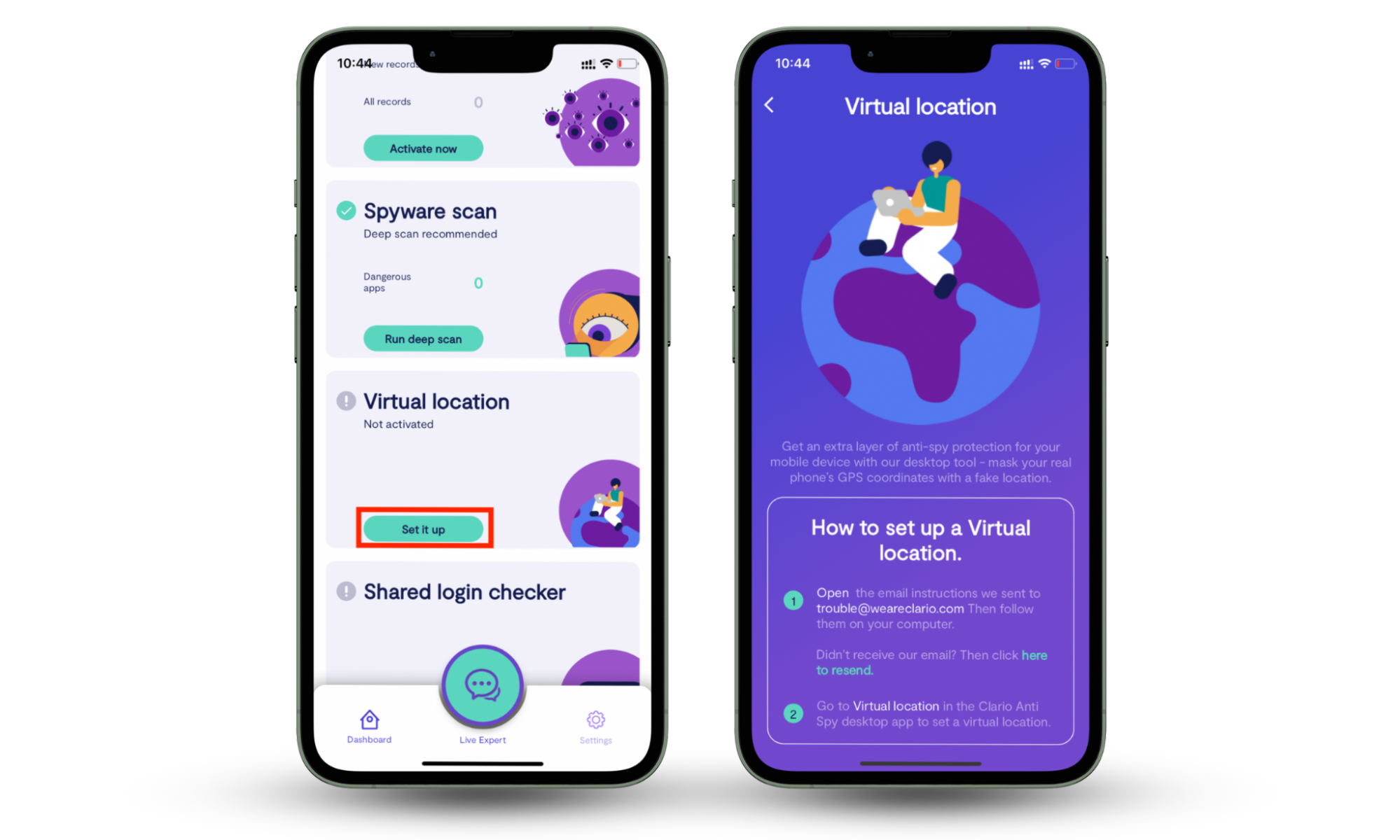 The Virtual location feature in Clario Anti Spy for iPhone, which can be used to manually set a different location and pause your real location on Find My iPhone The Virtual location feature in Clario Anti Spy for iPhone, which can be used to manually set a different location and pause your real location on Find My iPhone