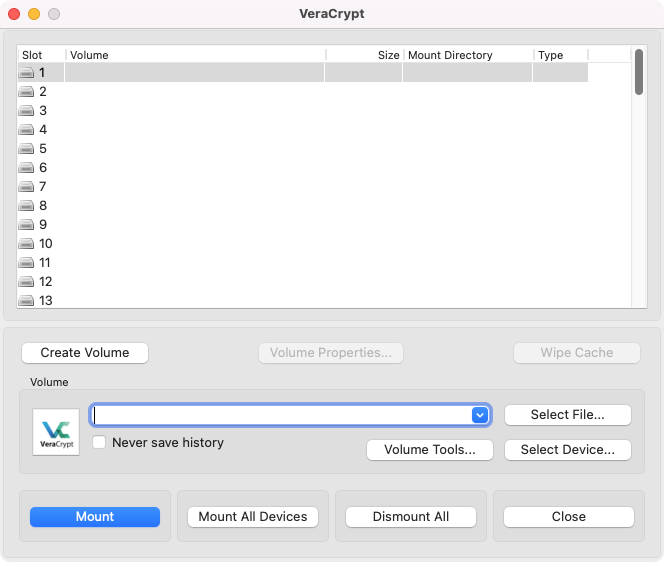 Launch VeraCrypt app Launch VeraCrypt app