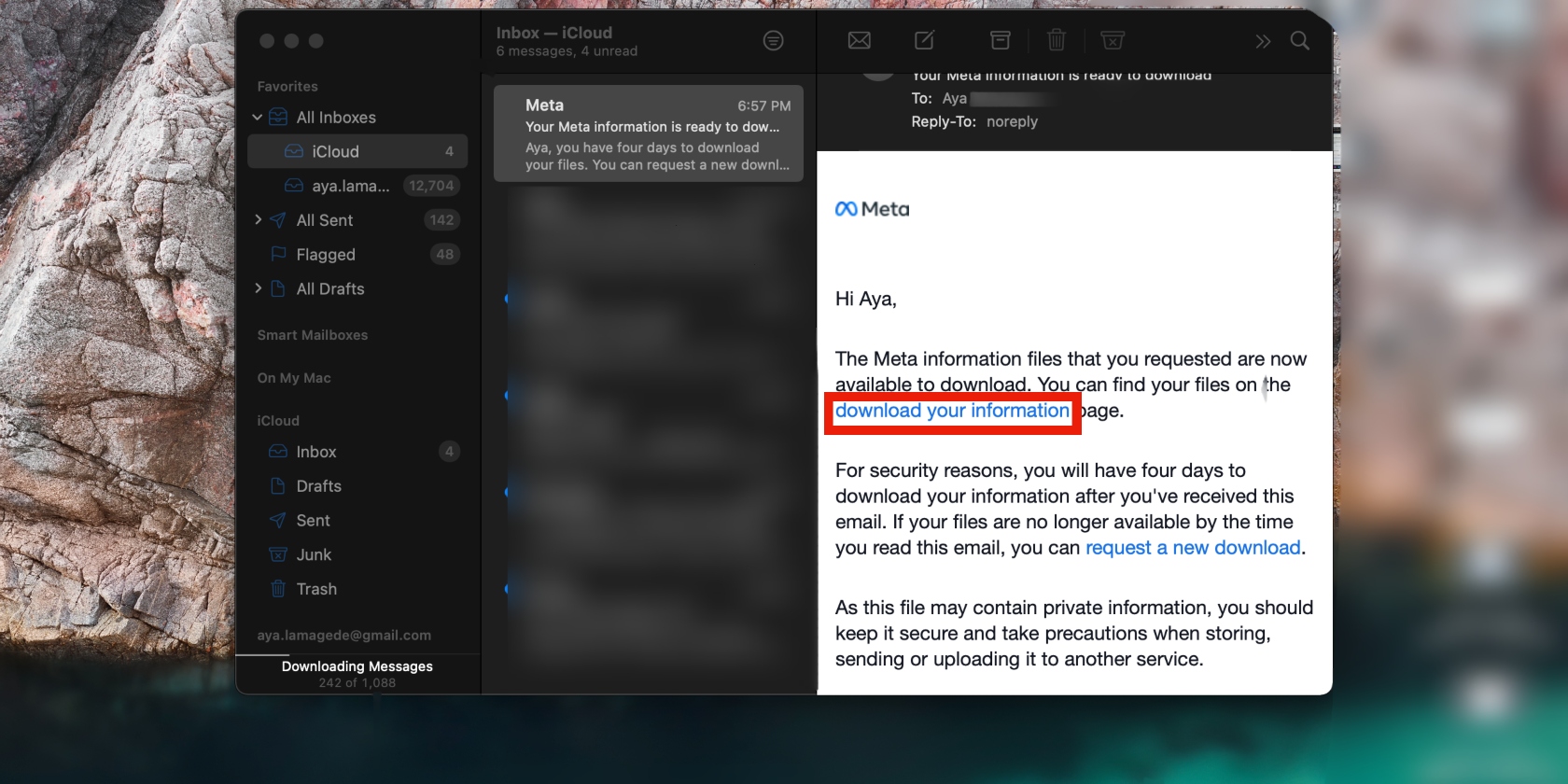 Meta email with data download link Meta email with data download link